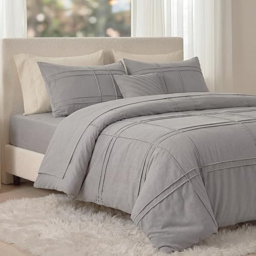 100% Cotton Beige Grey Queen Size Duvet Cover Set - 3 Pieces Pintuck