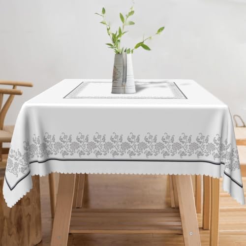 Elegant Grey and White Floral Square Tablecloth 70x70 Inch