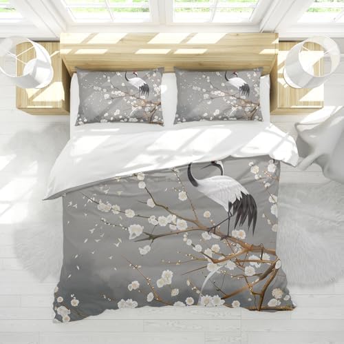 Chic White Cherry Blossom Duvet Cover Japanese Crane Bedding Set Gray