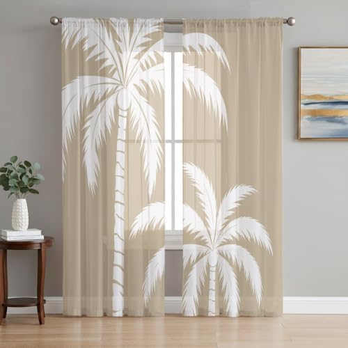 Brown Palm Tree Sheer Curtains 72 Inches Long, Coastal Tropical Summer