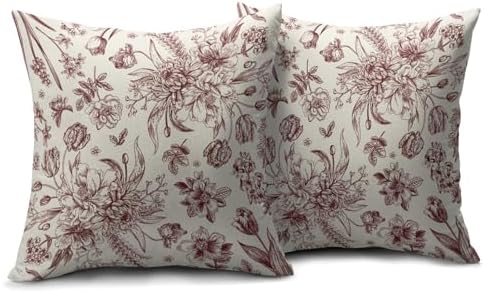 Burgundy Red Floral Pillow Covers 18x18 Set of 2 Vintage Flower