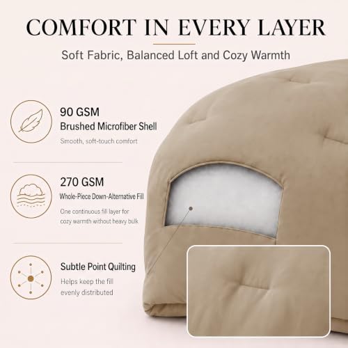 CozyLux King Comforter Set, 3 Pieces Down Alternative Bedding, Taupe