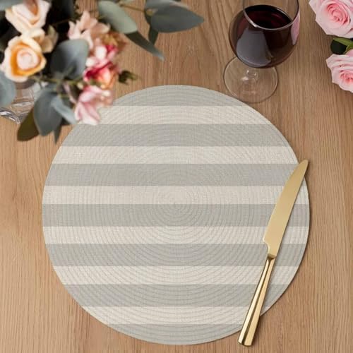 Rustic Gray Beige Stripes Round Braided Placemats Set of Set of 8 Heat