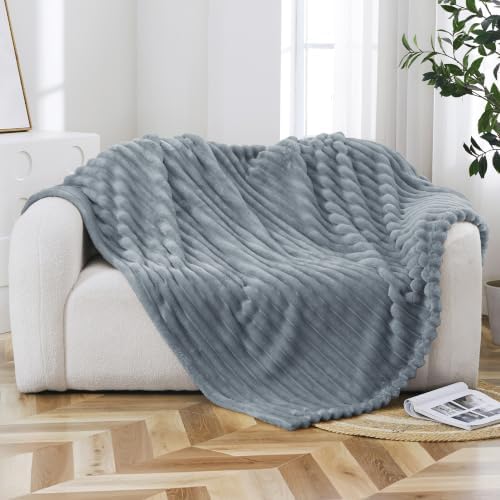 Taliska Ribbed Fleece Throw Blanket for Bed, Grey, 90"x90"