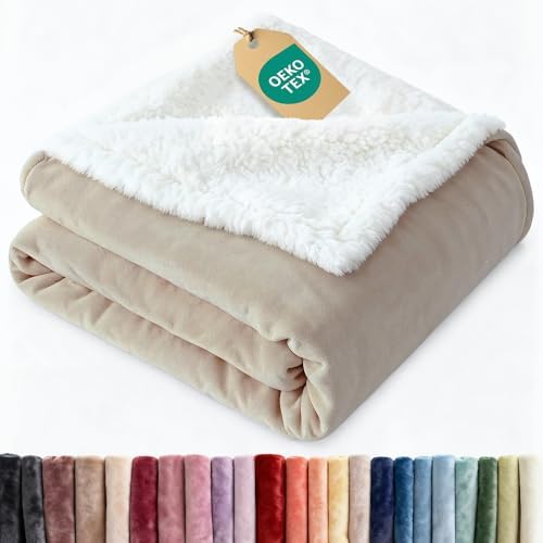 Sherpa Fleece Blanket Full Size - Reversible Blanket - Cream, 84" x