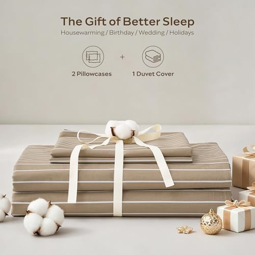 JELLYMONI 100% Cotton Wide Striped Queen Duvet Cover Set, White/Tan