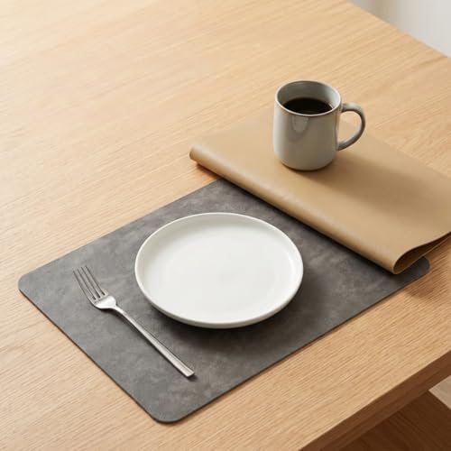 Faux Leather Placemats Set of 6, Taupe & Brownish Yellow