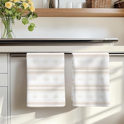Beige Striped Kitchen Towels Set of 3, Absorbent Dish Towels for