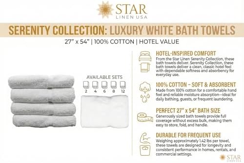 Hotel Value Cotton Bath Towels, 27 x 54 in, 6 Pack