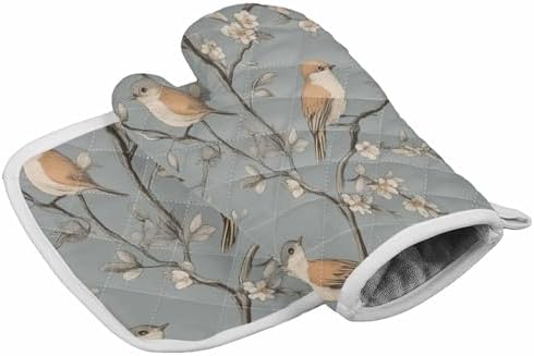 Quilted Cotton Terry Cloth Oven Mitt, Pot Holder Birds Floral Branch