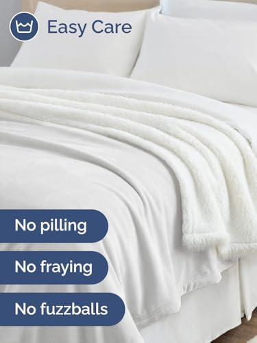 Sherpa Fleece Blanket Twin Size - Reversible Blanket - White, 60" x