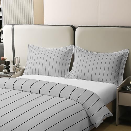 Erosebridal Light Gray Striped 100% Cotton Duvet Cover King Size