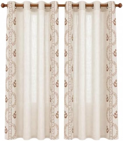 Linen Curtains 95 Inch Brown Floral Drapes Back Tab 2 Panels