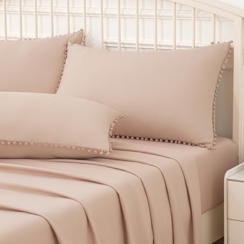 Pom Poms Pillow Shams King Size Set of 2, Taupe Decorative Pillowcases