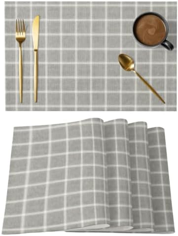 Grey Gingham Placemats Set of 8, Cotton Linen Fabric Place Mats