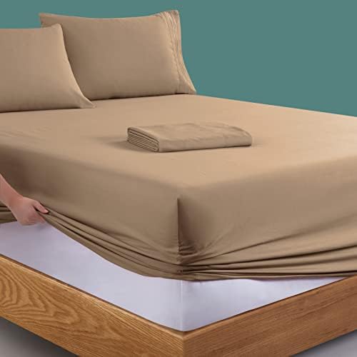 Manyshofu Extra Deep Pocket King Sheets, Khaki Microfiber, 4 Piece
