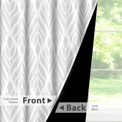 Gray Leaf Patterned Blackout Curtains for Living Room 63 Inch Length 2