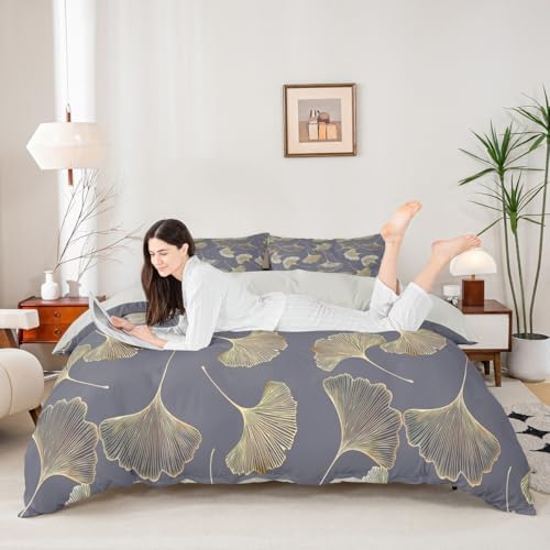 Ginkgo Leaf Duvet Cover Set King Size,Rustic Leaves Autumn Plant
