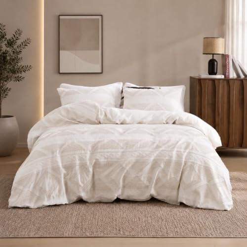SLEEP ZONE Queen Duvet Cover Set, Tufted Boho Cotton Blend, Beige
