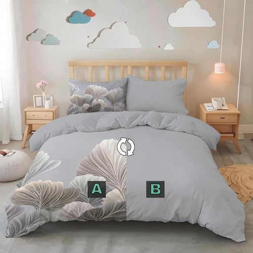 Duvet Cover Set Queen, Abstract Lines of Leaves Minimalist Plant Soft