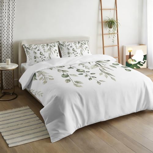 3 Pieces Bedding Set Queen Size, Eucalyptus Leaves Soft Duvet Covers