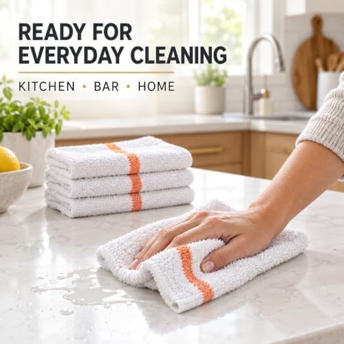 Bar Mop Towels 12 Pack, 16x19 Inch 100% Cotton Gold Stripe Kitchen