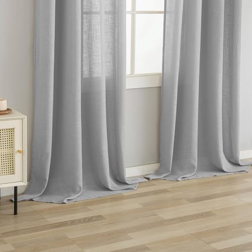 Linen Gray Grommet Curtains 63 Inch Length for Bedroom Boho Semi Sheer