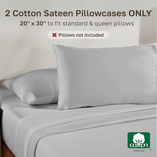 Natural 100% Cotton Sateen Queen Size Pillow Cases, 2-Pack, Light Grey