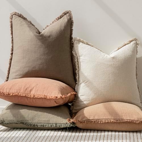 Foindtower Decorative Linen Fringe Throw Pillow Covers 22×22 Light