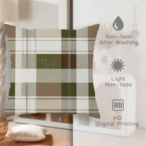 Plaid Throw Pillow Covers Set of 2, Green and Brown Checkered Cushion