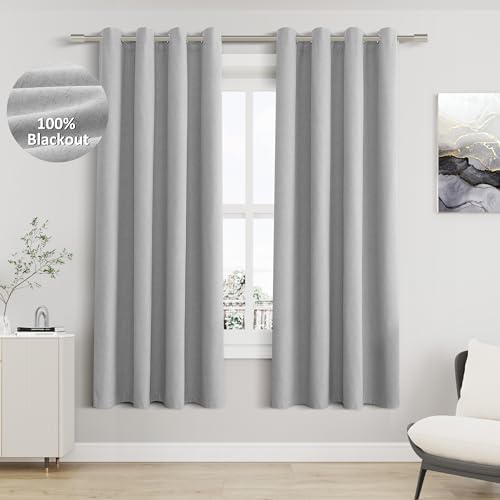 Jowels Grey Linen Grommet Blackout Curtains 63 Inches Long for Bedroom