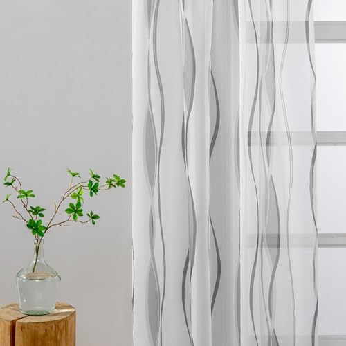 L.Z.E Grey and White Sheer Curtains 84 Inch Long 2 Panels Set, Light