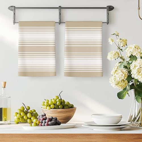 Beige Striped Kitchen Towels Set of 3, Absorbent Dish Towels for