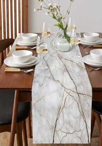 Marble Table Runner-Cotton Linen-Long 120 inche White Gray Gold