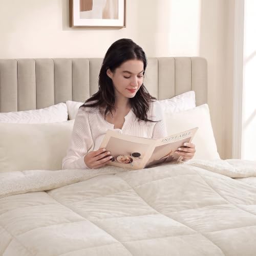 Fluffy Sherpa King Comforter Set, Thick Bedding Set 3 Pieces, Cream