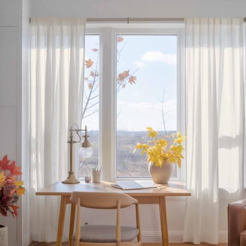 Cream Sheer Curtains 108 Inches Long, Solid Color Farmhouse Aesthetic