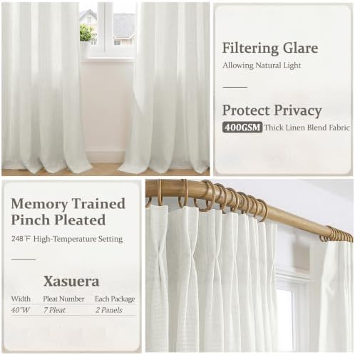 Pinch Pleated Linen Curtains 96 Inch, 2 Panels Premium 400GSM Memory