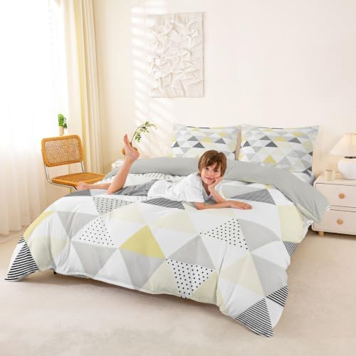 Erosebridal Yellow Gray Geometric King Size Duvet Cover, Patchwork