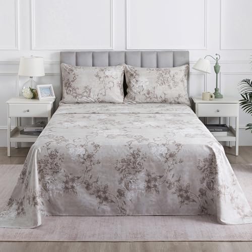 Gray-Beige Boho Floral Percale Sheets Queen Size Deep Pocket, 4Pcs