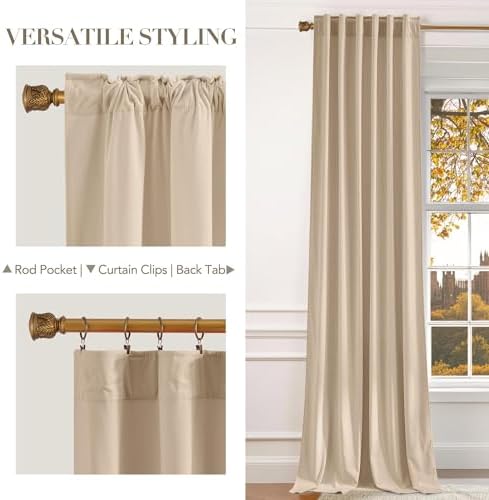 NICETOWN Beige Velvet Curtains 108 inch Long, 52" W x 108" L, 2 Panels