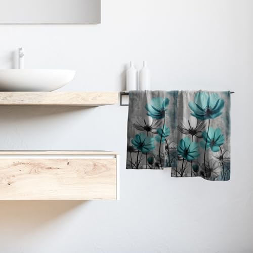 Teal Gray Floral Decorative Hand Towels for Bathroom Rustic Flower