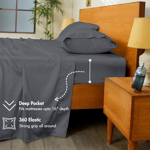 RUVANTI 100% Cotton Sateen King Size Sheets Set, Charcoal