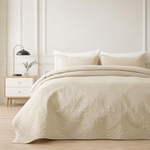 King Size Quilt Bedspread Beige 3-Piece Bedding Set for Bedroom Guest
