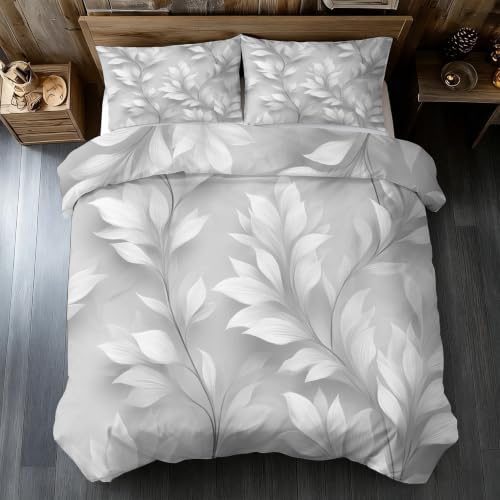Grey Leaves Bedding King Duvet Cover, Botanical Bedroom Decor