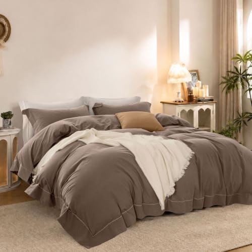 Duvet Cover Set Washed Cotton Embroidered Hem Queen 3‐Pcs