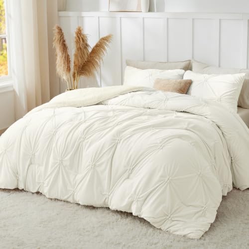BEDELITE Fluffy Sherpa King Comforter Set,Pintuck-Cream
