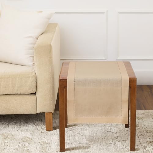 Solino Home 100% Pure Linen Dining Table Runner Beige Hemstitch, 14 x