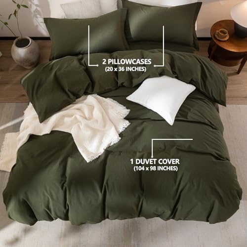 3Pcs Olive Green Cal King Duvet Cover Set Washed Cotton