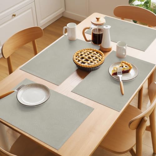Light Gray Placemats Set of 8, Classic Solid Color Mist Silver Leather