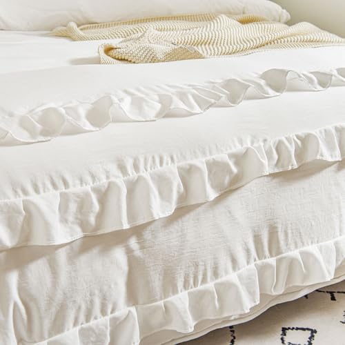 CCoutueChen White Ruffle Duvet Cover Queen 3Pcs Shabby Chic Farmhouse